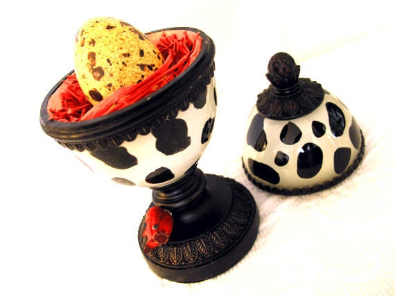 Bird Nest Egg Dish Whimsical Spring Black White Red Yellow Easter