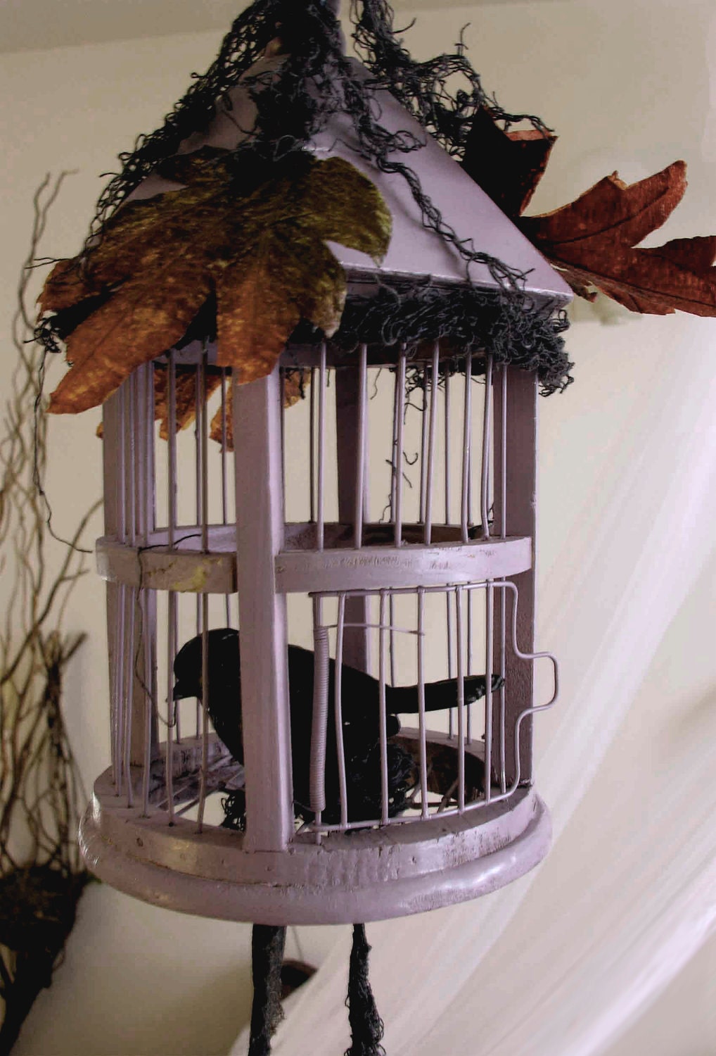 Creepy Haunted Halloween Birdhouse with Black Raven or Crow