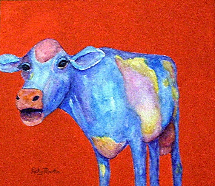 FREE SHIPPING - Was 79.00 -   Blue Cow - Original  Fine Art Watercolor Painting by ebsq Artist Ricky Martin