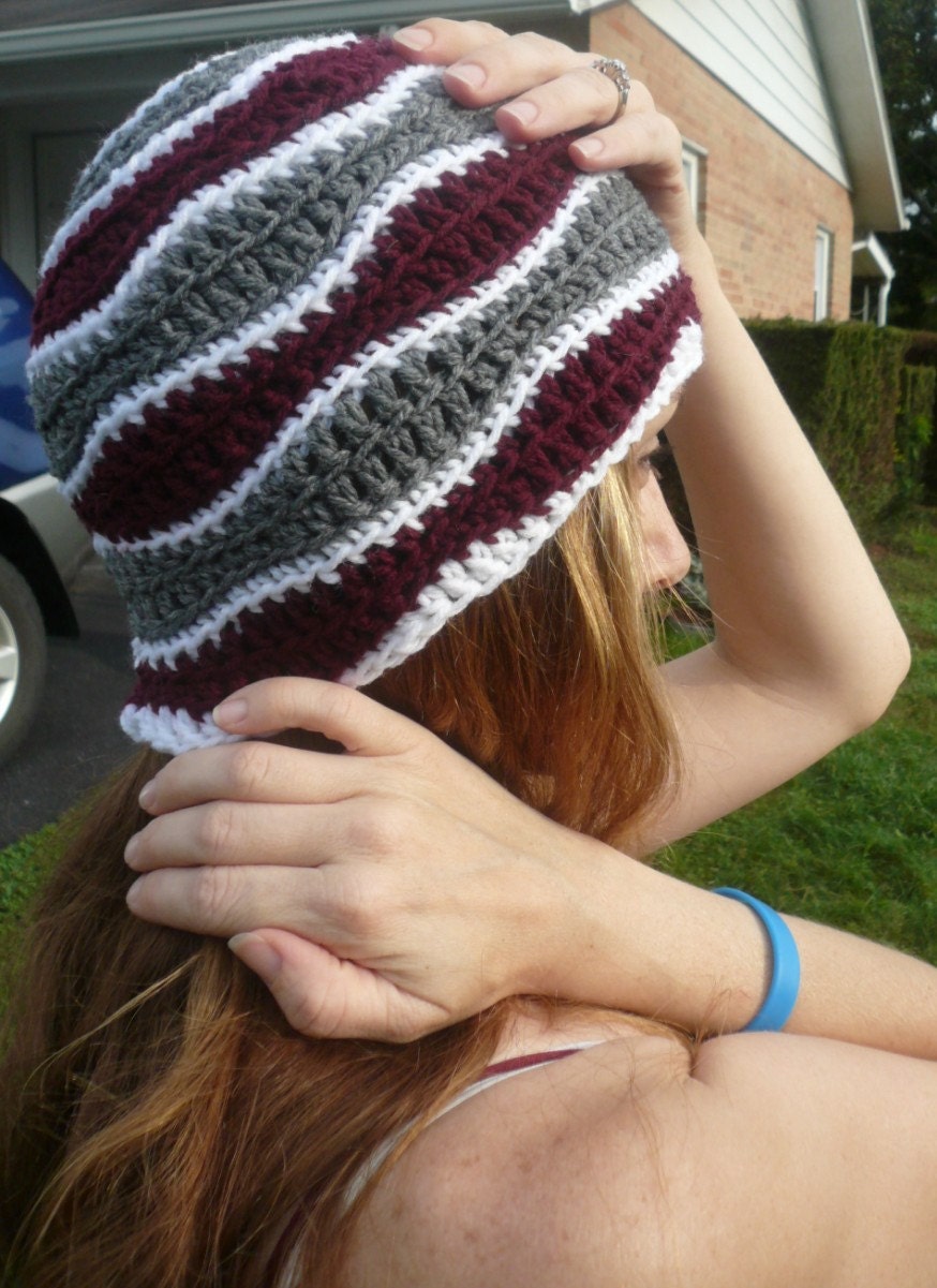 Burgundy Beanie, crochet adult or teen winter hat with gray and white