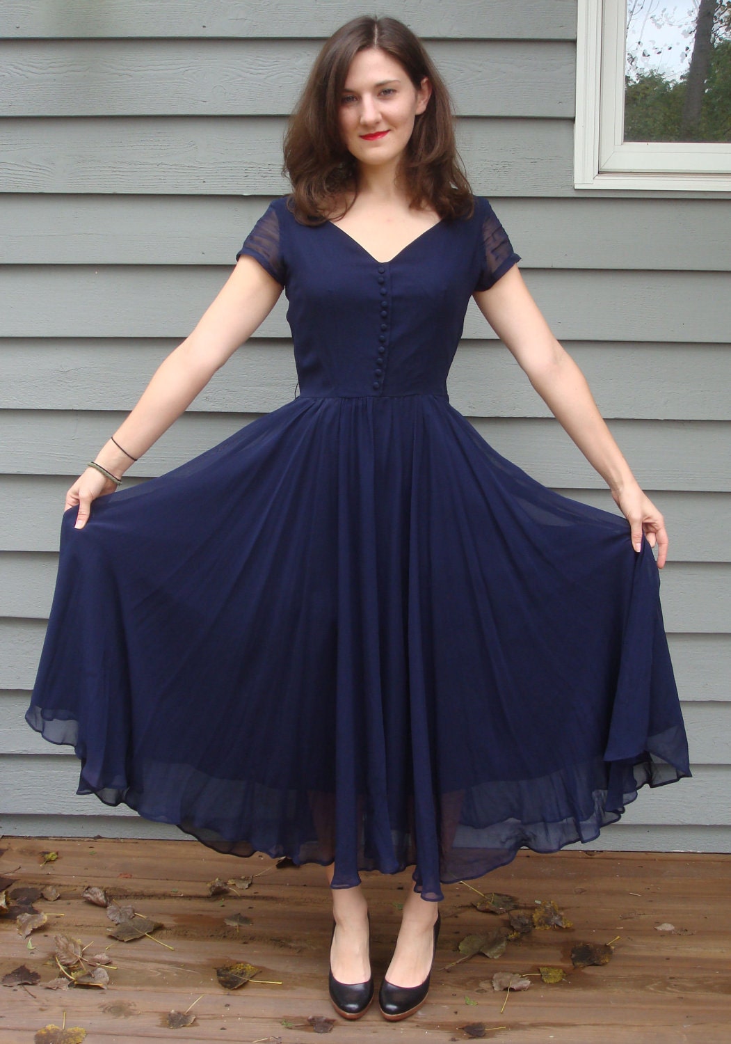 Midnight-Blue Dress 40's / Chiffon Evening Ball Gown / Mysterious Depths dress