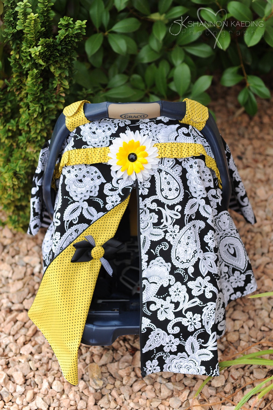 JENROSTANCH - custom listing-NEW -Carseat Canopy- with zip opening- Black Damask and yellow/black polka dots