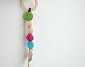 Teething ring toy with crochet wooden beads. Green, blue, pink, ready to ship