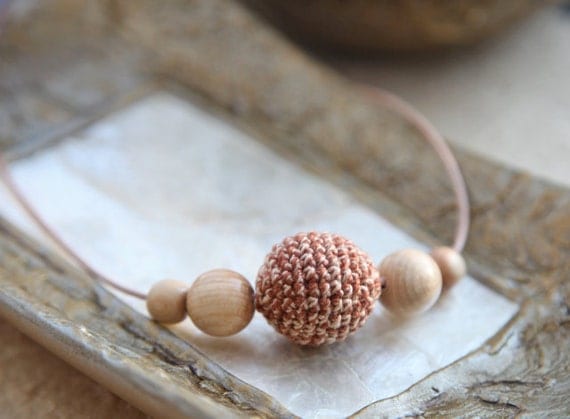 Cappuccino. Beige crochet necklace/ pendant whit wooden beads and leather lace, ready to ship.