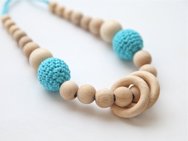 Blue cyan/ aqua nursing rings necklace. Girls crochet necklace. Mammy and baby teething necklace.