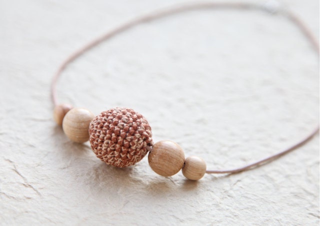 Cappuccino. Beige crochet necklace/ pendant whit wooden beads and leather lace, ready to ship.