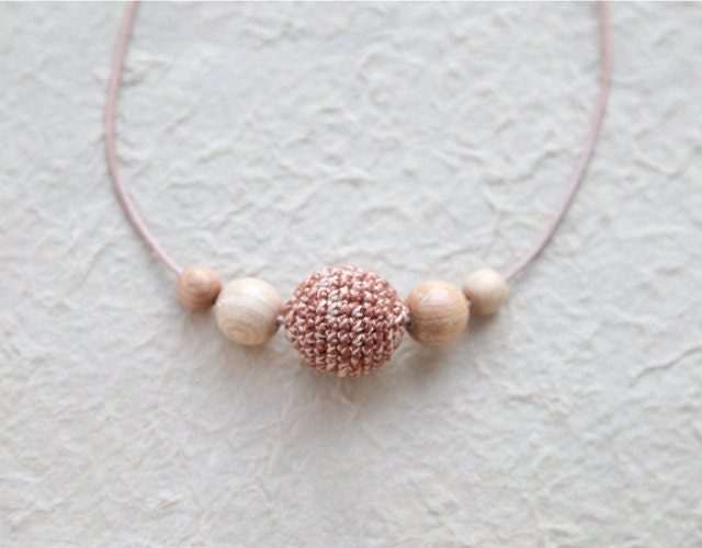 Cappuccino. Beige crochet necklace/ pendant whit wooden beads and leather lace, ready to ship.