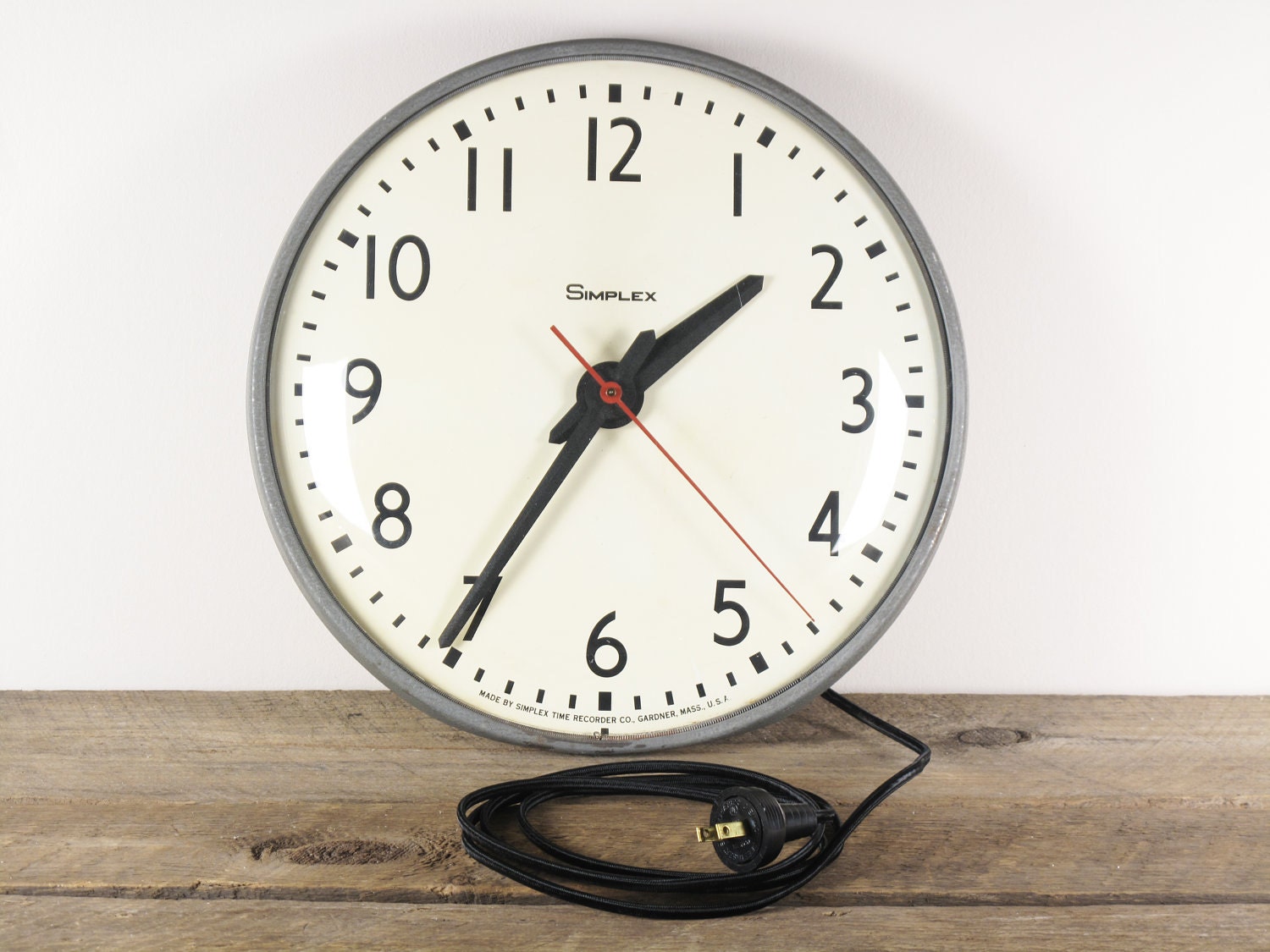 Vintage Industrial Simplex Electric Clock, Original Condition, New Period Style Fabric Cord and Wall Plug, Lovely Timeless Design