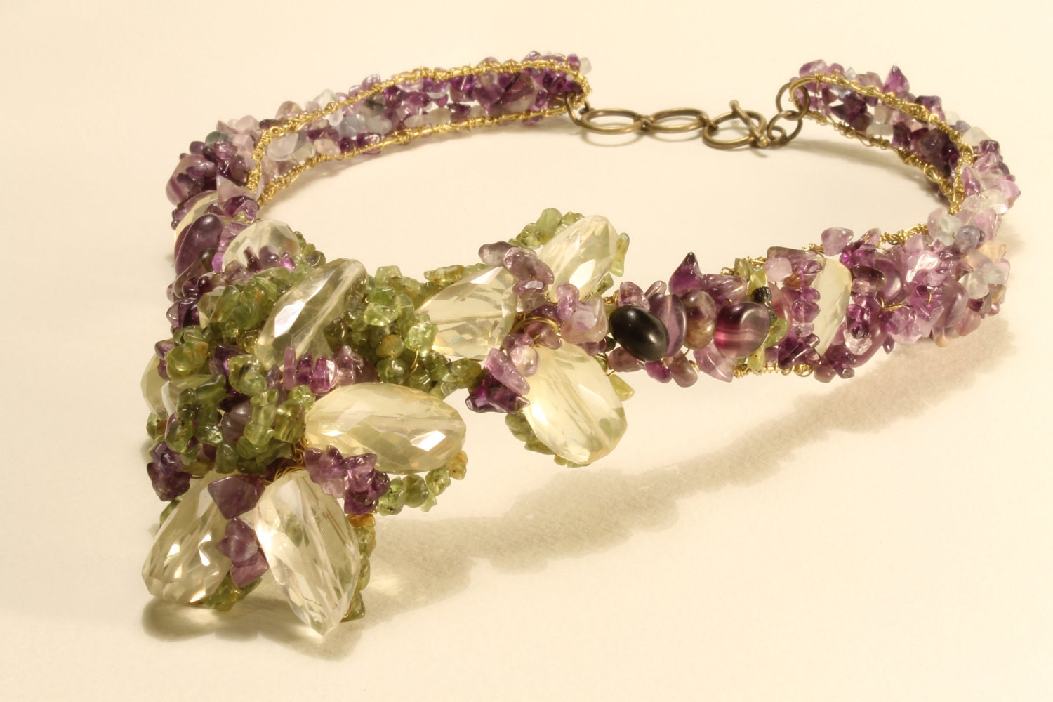 Chunky Spirit Quartz ,Amethyst,Peridot,Fluorite- Wire wrapped necklace, 21" long.