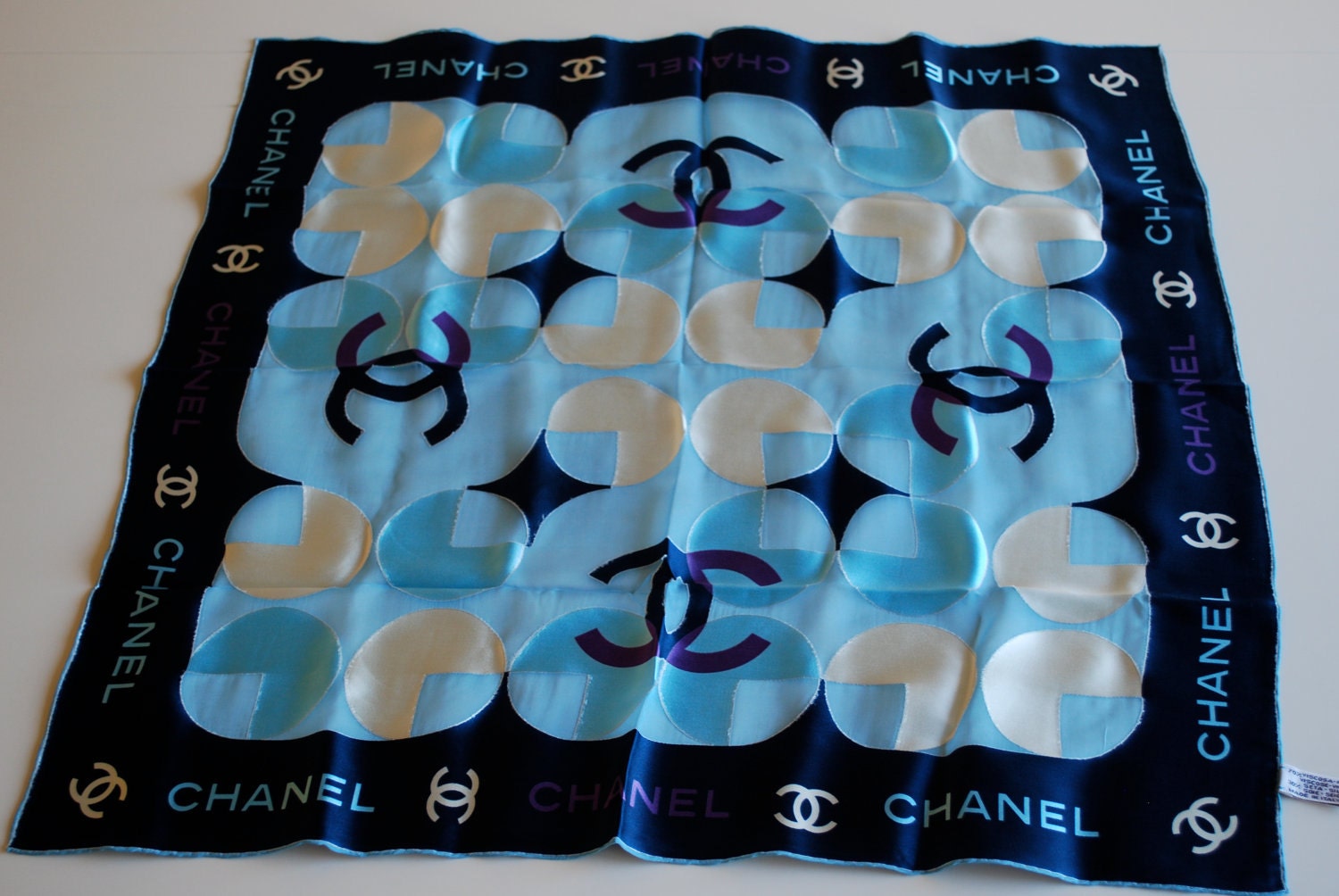 Vintage CHANEL Silk blend Scarf in Navy and Powder Blue