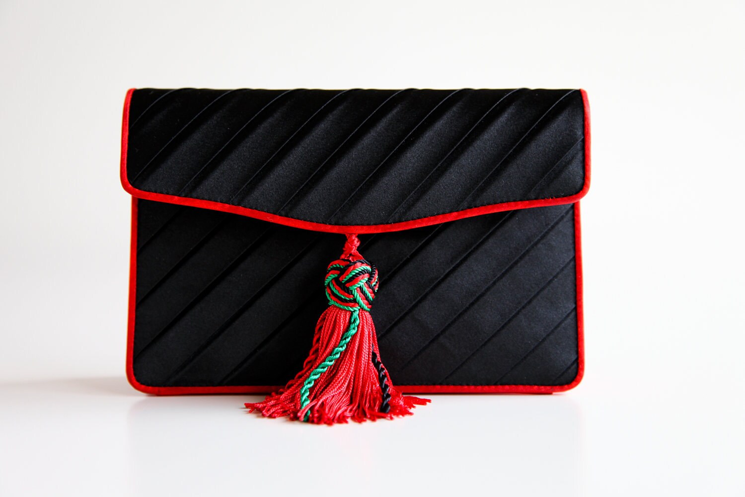 Black Satin Bottega Veneta Envelope Flap Purse with Red Piping and Red Black and Green Rope Strap