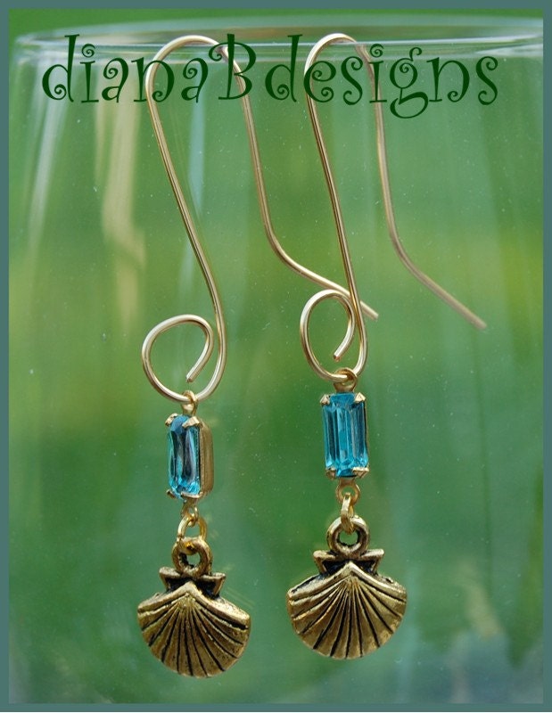 Vintage brass aquamarine glass shell earrings Hot summer ocean beach cruise vacation themed  SALE PRICE