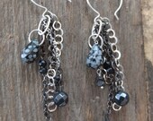 Black Snowflake Obsidian, Spinel, DIAMOND, Hematite and Sterling Silver Earrings
