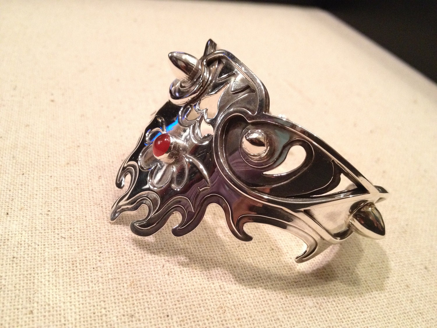 Secret Dragonband of Melusine--OOAK handmade Sterling Silver bracelet of legend with red carnelian cabochon fantasy flames dragon eyes