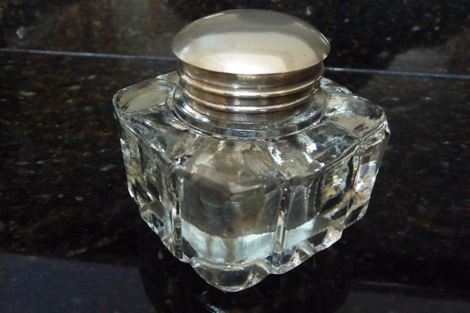 Antique Square Glass Inkwell Paperweight Silver Lid by LebenStil