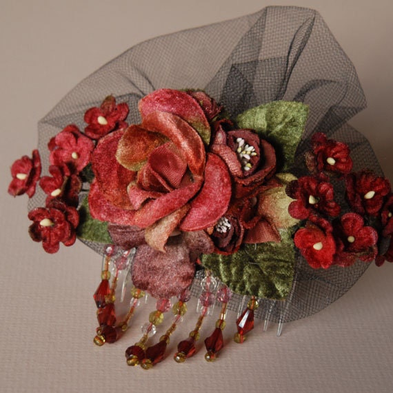 Burlesque Headpiece, Red Rose and Forget Me Not Hair Piece, Woodland Flower Hair Accessory, Fascinator, Rustic, Mori Girl, VelvetTeacup