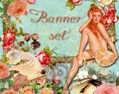Shop Banner Avatar Blog Set 9 pieces and matching business card(printable)-vintage,pin up girl,roses
