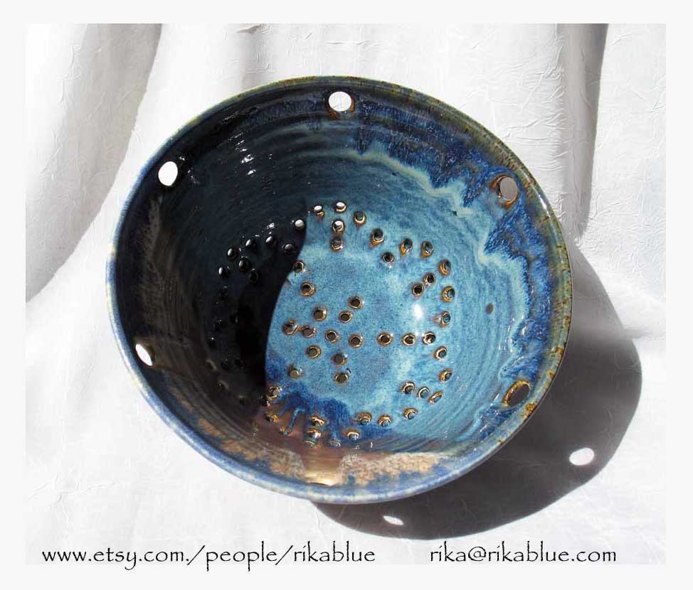 Blue Pottery Colander wheel thrown