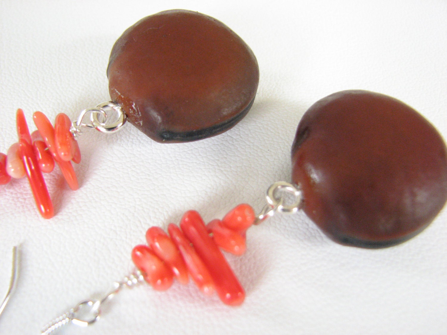 Coral and Sea bean Earrings, Organic Natural Tropical Seed Jewelry, Hamburger Seed Jewelry