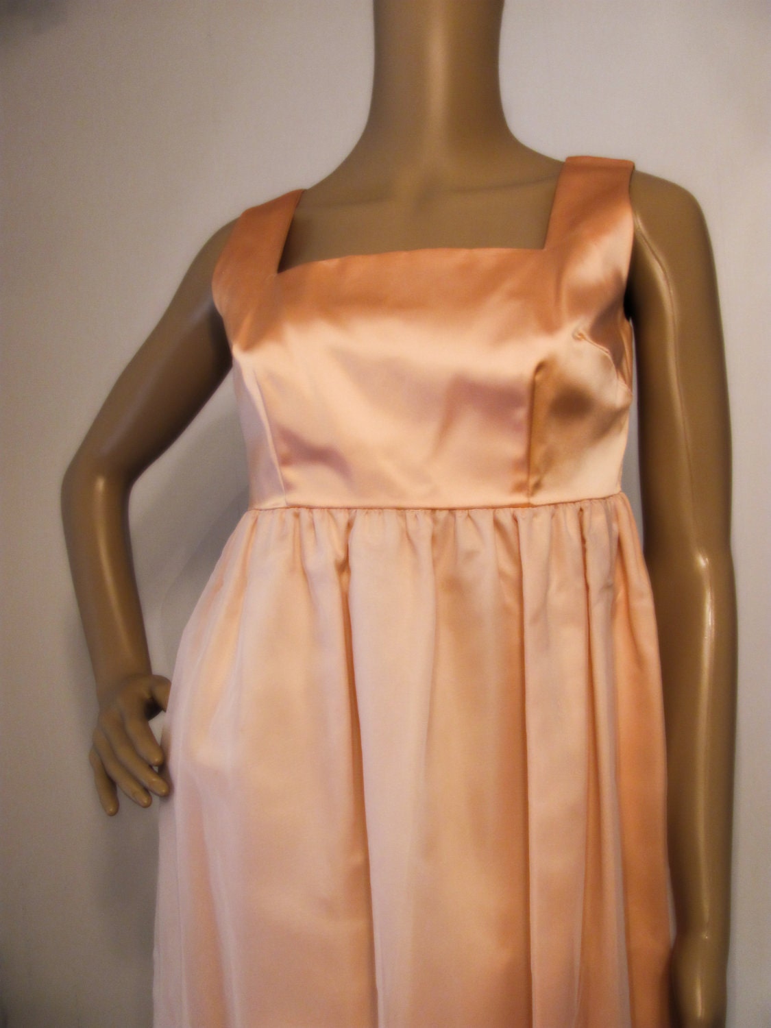 Vintage 60s Peach Party Dress / Empire Waist Gown / Peach Lace Satin / 1960s Holiday Fashion