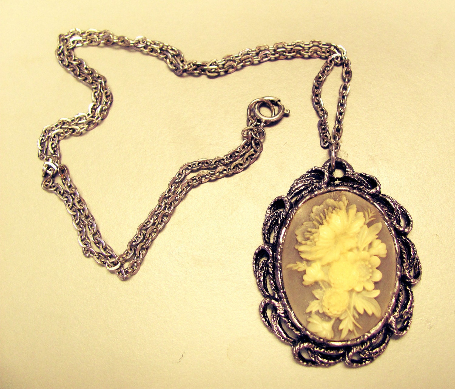 Grey and Cream Floral Cameo Necklace