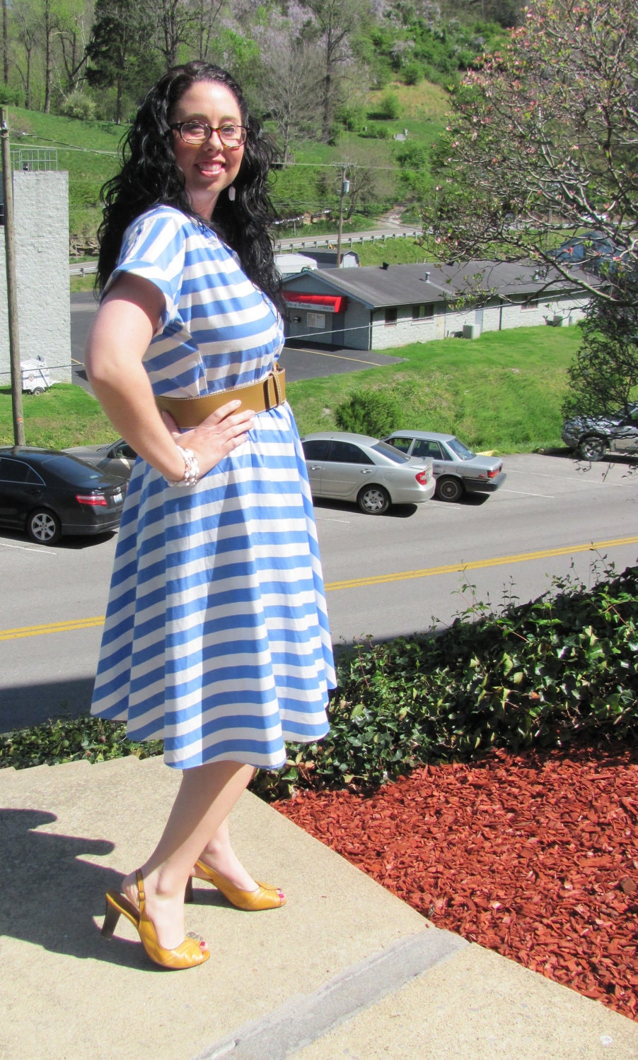 Vintage Blue/White Day Dress with Full Skirt// 80s does 50s Shirtdress