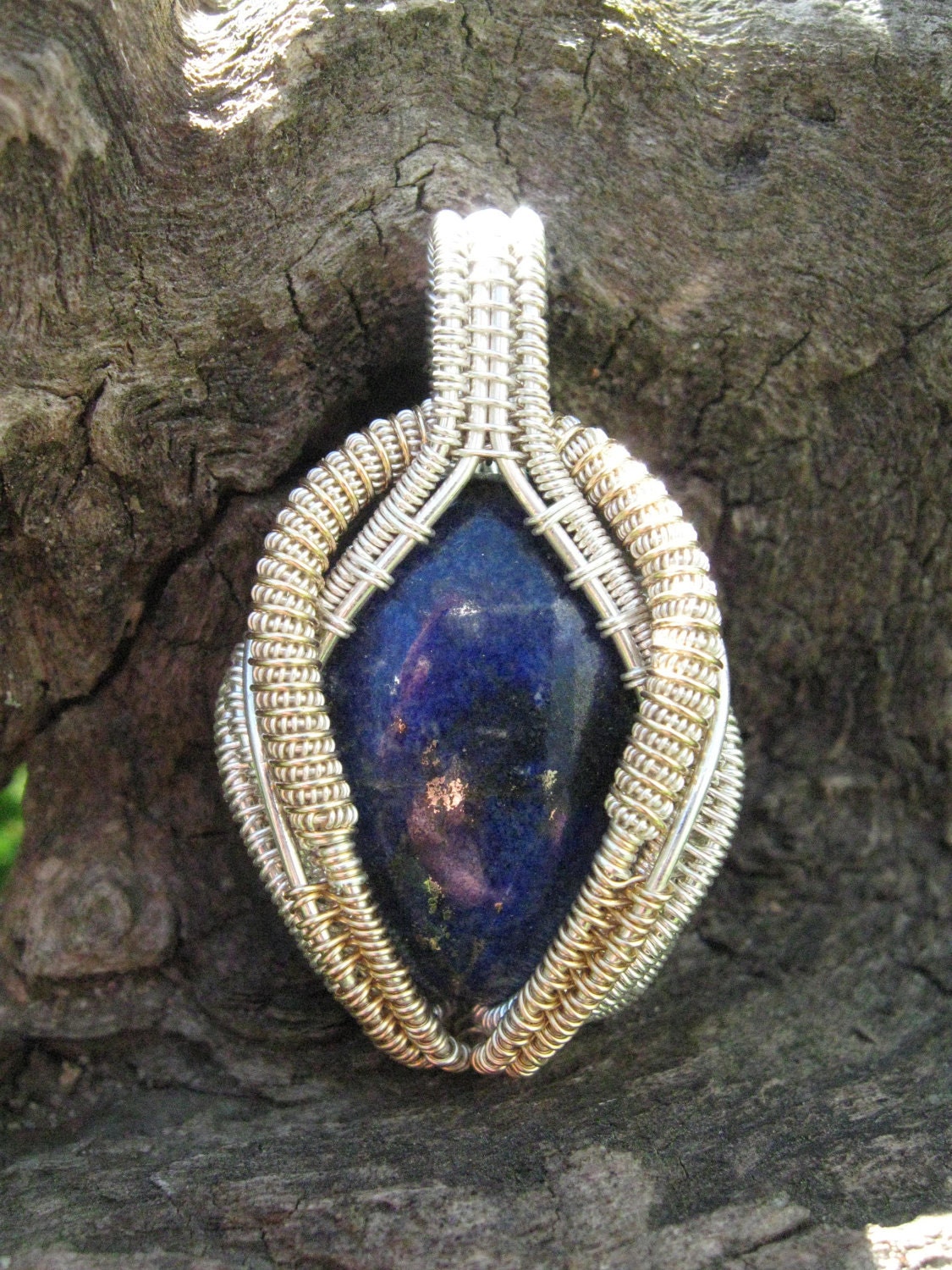 Wire Wrapped Lapis Lazuli Pendant in Silver and Gold