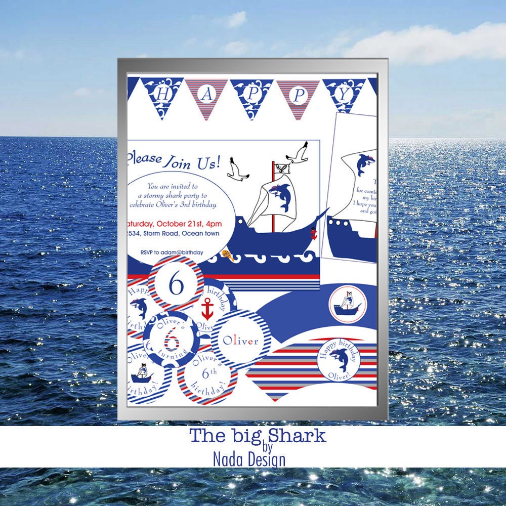 40% OFF Digital printable Pirate shark boat nautical birthday party package decoration invitation card banner tags toppers