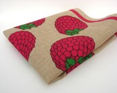 Retro 1970s Fruity Raspberries Linen Tea Towel Raspberry Pink and Biscuit Brown