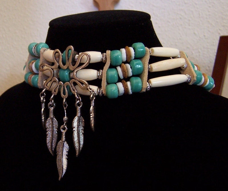 Bone and Glass Crow Bead Choker Necklace by PrimitiveDesignsTX