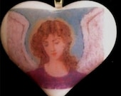 Fused Glass Pendant Heart Angel of Peace Amulet, Pink with Purple Faux Pearl Beads