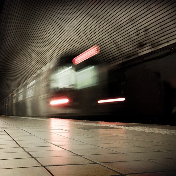 NYC Subway photo, New York City subway train dark tunnel, red black dark wall art home decor for men - NancyFalsoPhotos