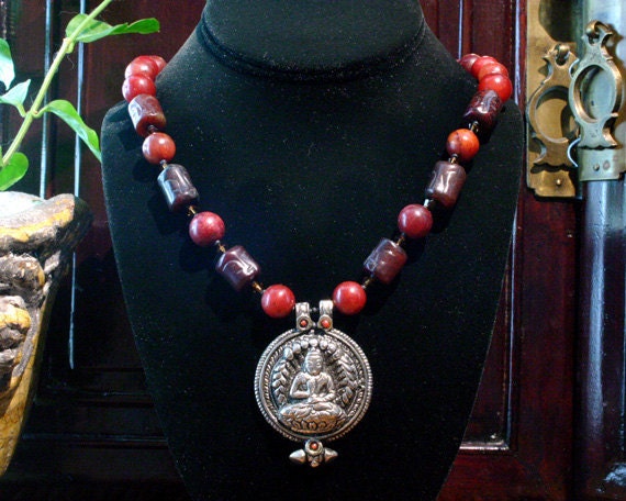 Carved Jade Buddha Necklace - Yoga Jewelry - Buddha Pendant - Vintage Red Jade - Old Jade Mala Beads - Om Jewelry - Meditation Prayer Beads