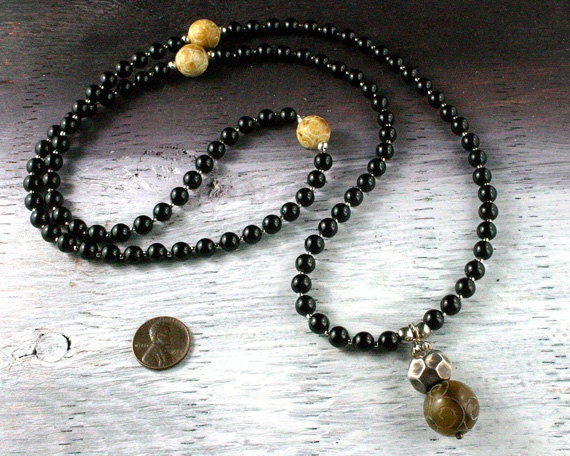 Black Coral 108 Mala - Yoga - Ethnic Jewelry - Antique Carved Jade Guru Bead - Om Necklace - Beadwork