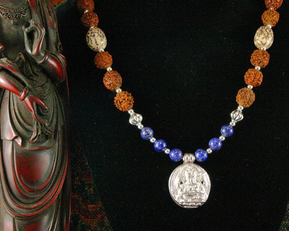 Lapis Necklace - Yoga Jewelry - Rudraksha Mala Beads - Ethnic Jewelry - Statement Necklace - Ganesh Sterling Silver Pendant - Beadwork