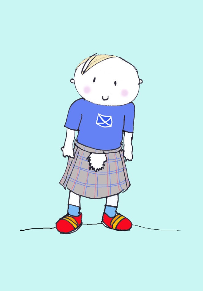 Childrens art prints - Cute Framed Little Scottish Boy in a kilt - nursery art - boys room