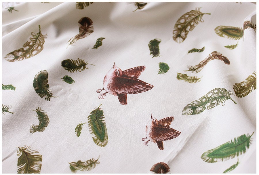 Sparrow Feather in Green Natural Cream Cotton Fabric 1 yard for garments craft or quilting