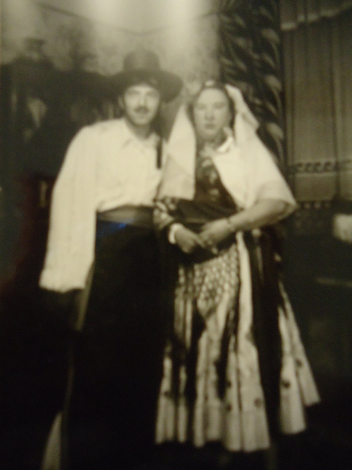 Vintage Black and White 1930s Photo  of a Man and Woman Dressed up in Spanish Clothing