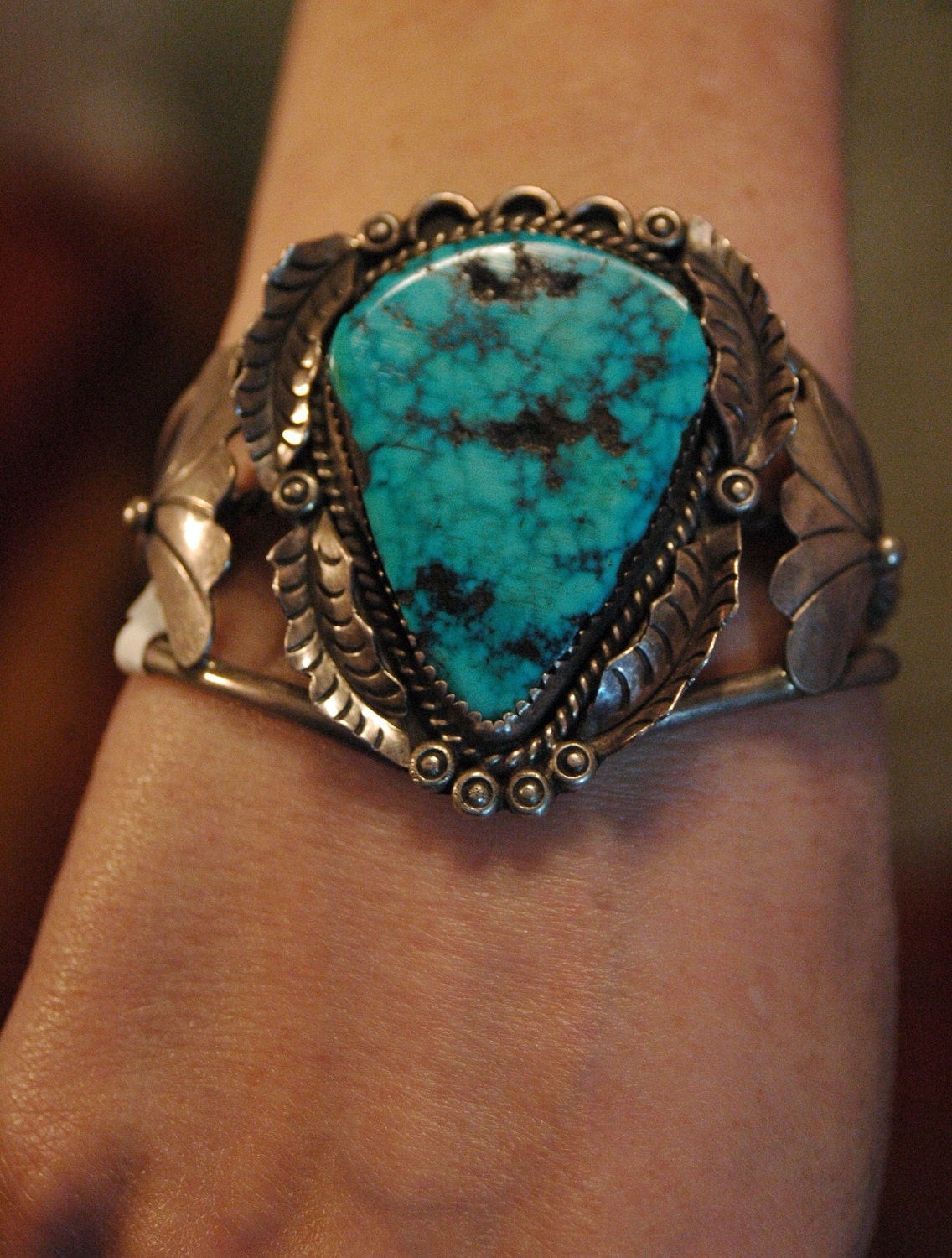 10% OFF COUPON SALE Old pawn hallmarked Navajo Turquoise Mountain turquoise and sterling bracelet 2 1/4" tall