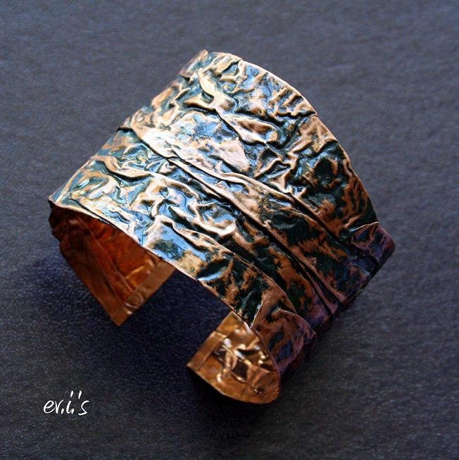 Handmade Copper Folded Hammered Textured Painted Grey Blue Green Large Hard Bracelet Cuff with Uneven Edges Gift for Her by EV.I.