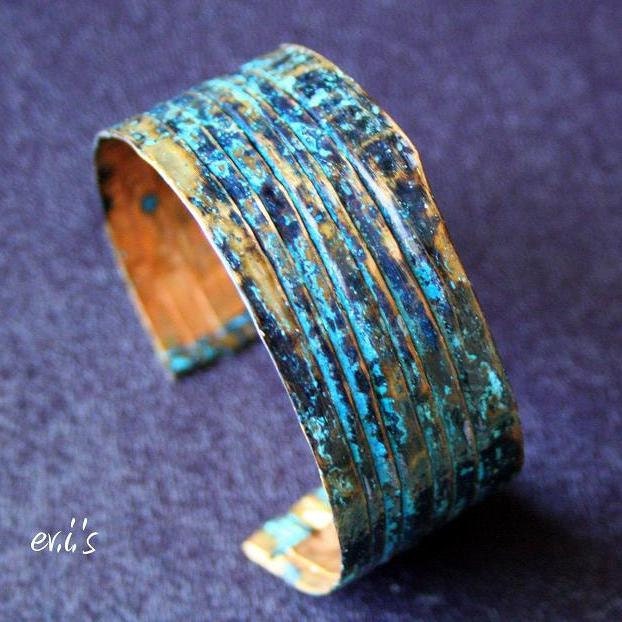 Handmade Copper Fold Formed Line Folded Hammered Eco Friendly Natural Oxidized Blue Patina Medium Wide Bracelet Cuff Gift for Her by EVI