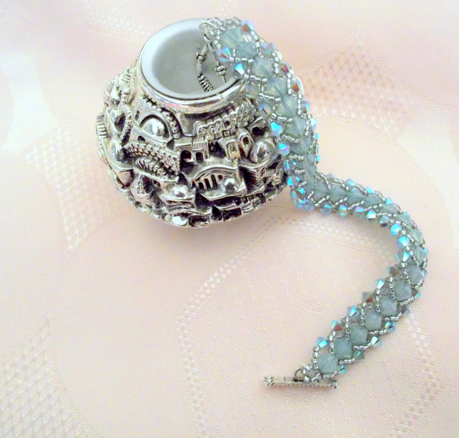Swarovski Crystal  Turquoise Bracelet Pacific Opal Beadweaving  Sparkly Handmade Bridal Anniversary