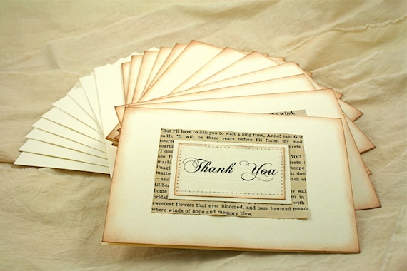 Buy thank you cards - Wedding - Thank You Cards, Vintage Book Page, Set of 12, Pride and Prejudice, Anne of Green Gables