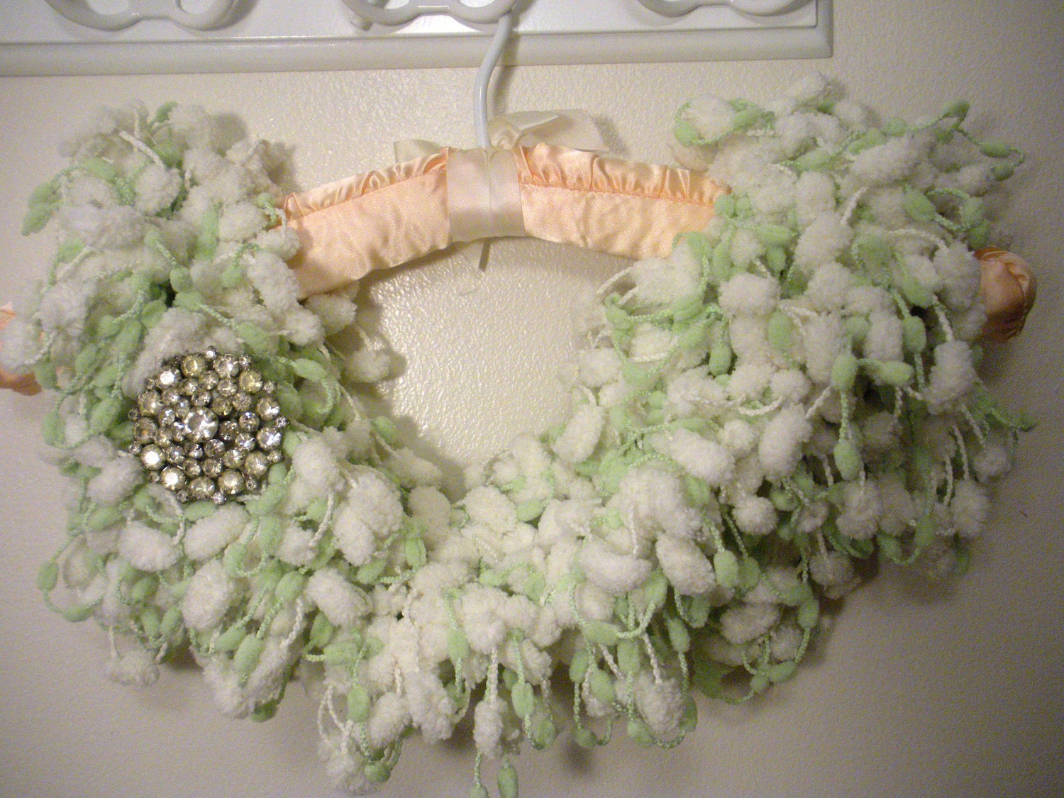 Soft Green and White Pom Pom Scarf