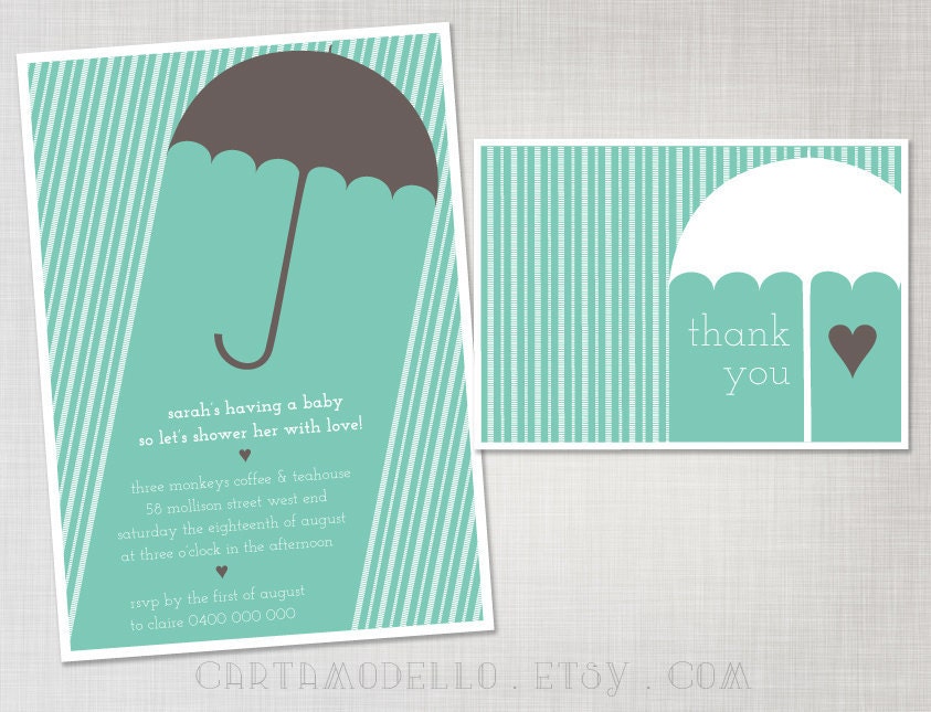 Printable Bridal Shower Umbrella and Rain Invitation and Thank You Card in Turquoise and Brown