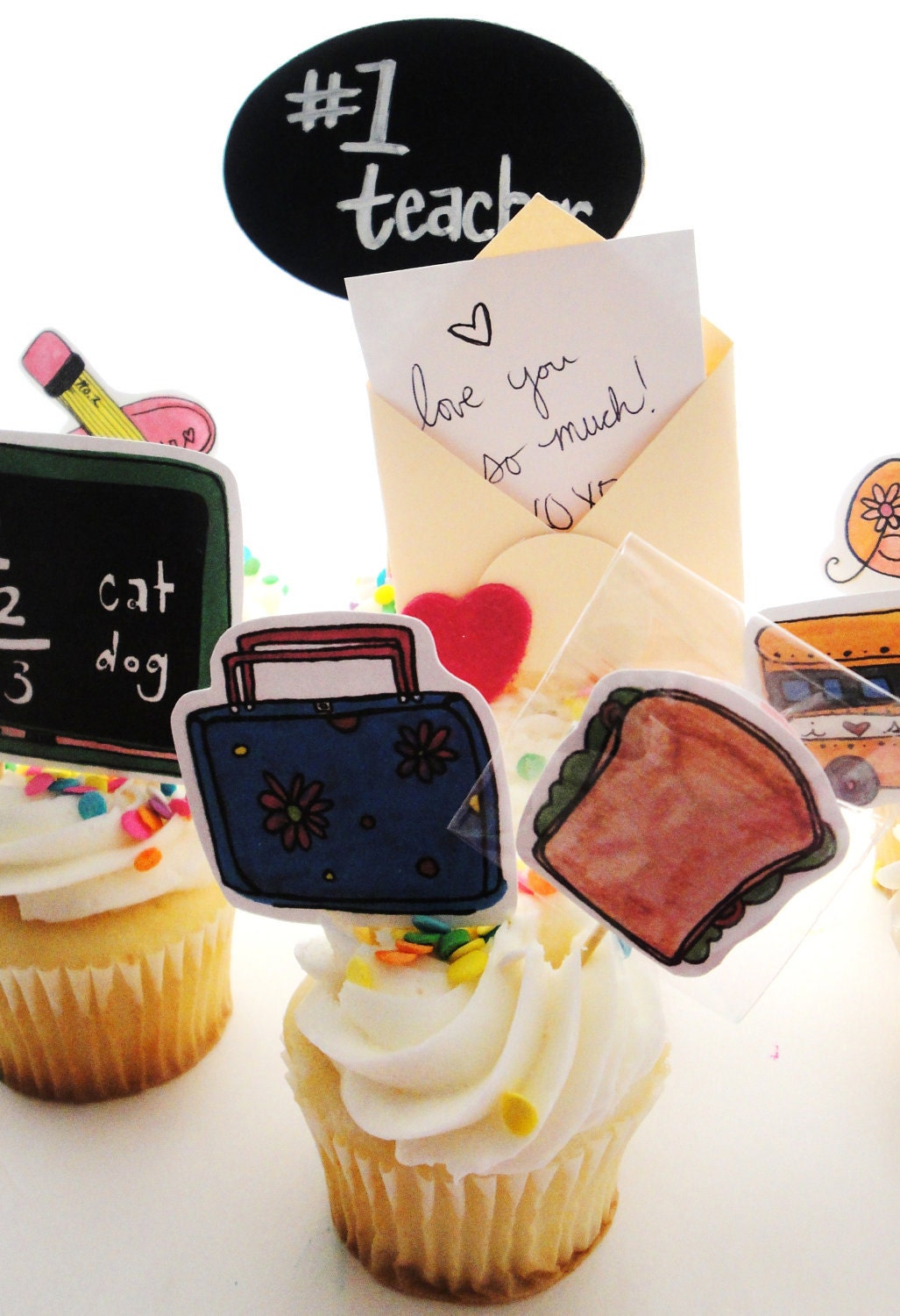 Mini Notecard w/ Back to School Cupcake & Cake Pick Set-cake topper, chalkboard, banner, birthday, paper goods, school, teacher, kids