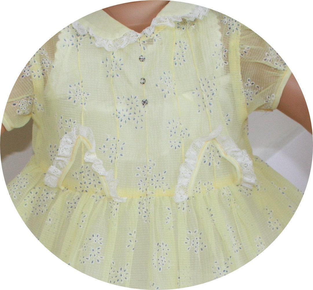 1940s Vintage Nannette Yellow Nylon Dress with tiny Rhinestones - MINT Condition - 2T