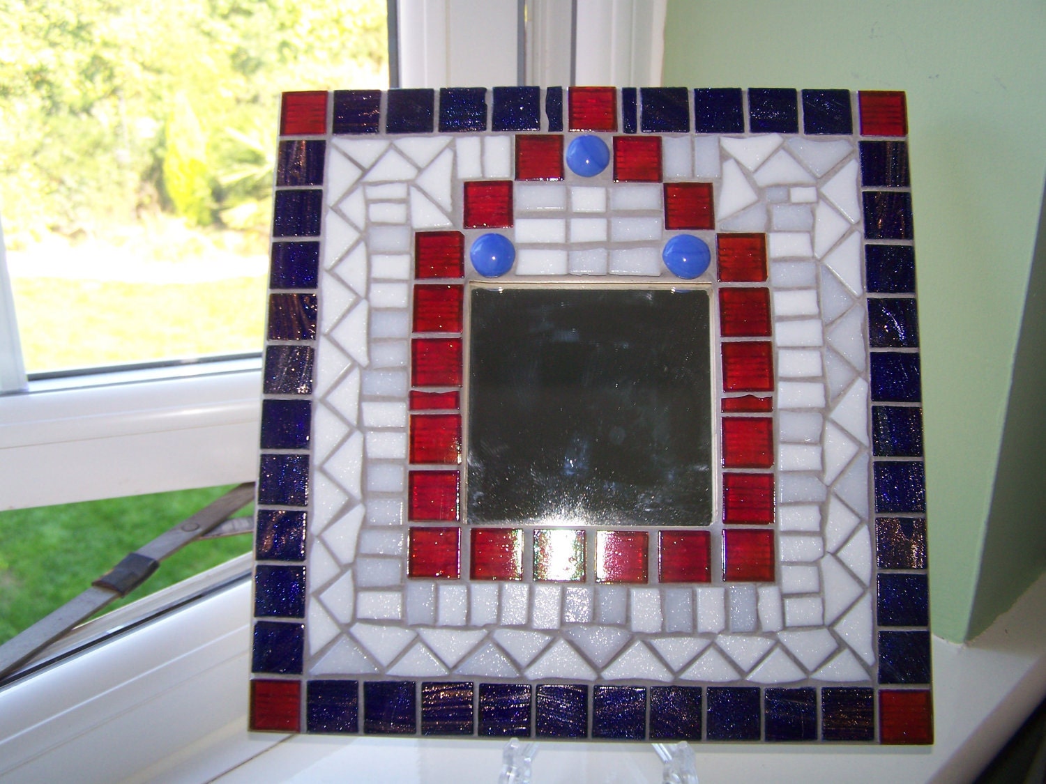 Mosaic Wall Mirror Red blue and white mosaic by FaceTheMosaic