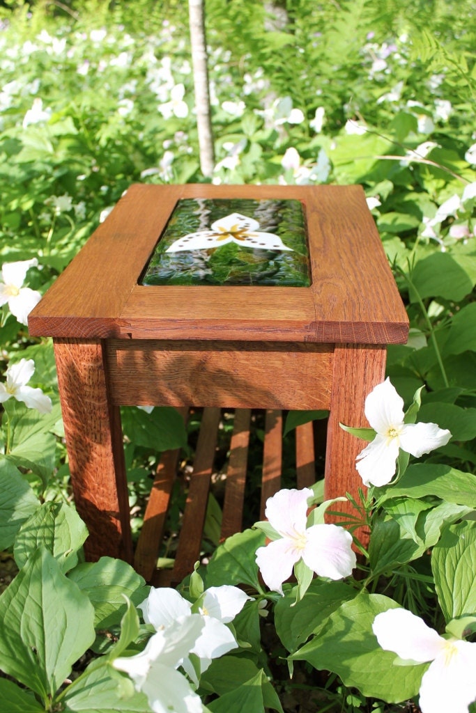 Reclaimed Wood- Trillium Table- Side Table- Nightstand- Furniture- Fused Glass- Mosaic- Arts and Crafts Style- Oak
