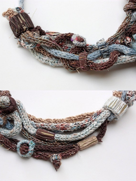 Blue brown knitted necklace with bamboo beads OOAK